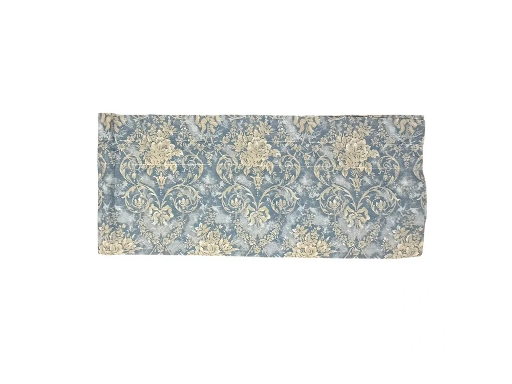 Pair Vintage Springs Industries Valances Blue Tan 2 Curtains Damask Print Short
